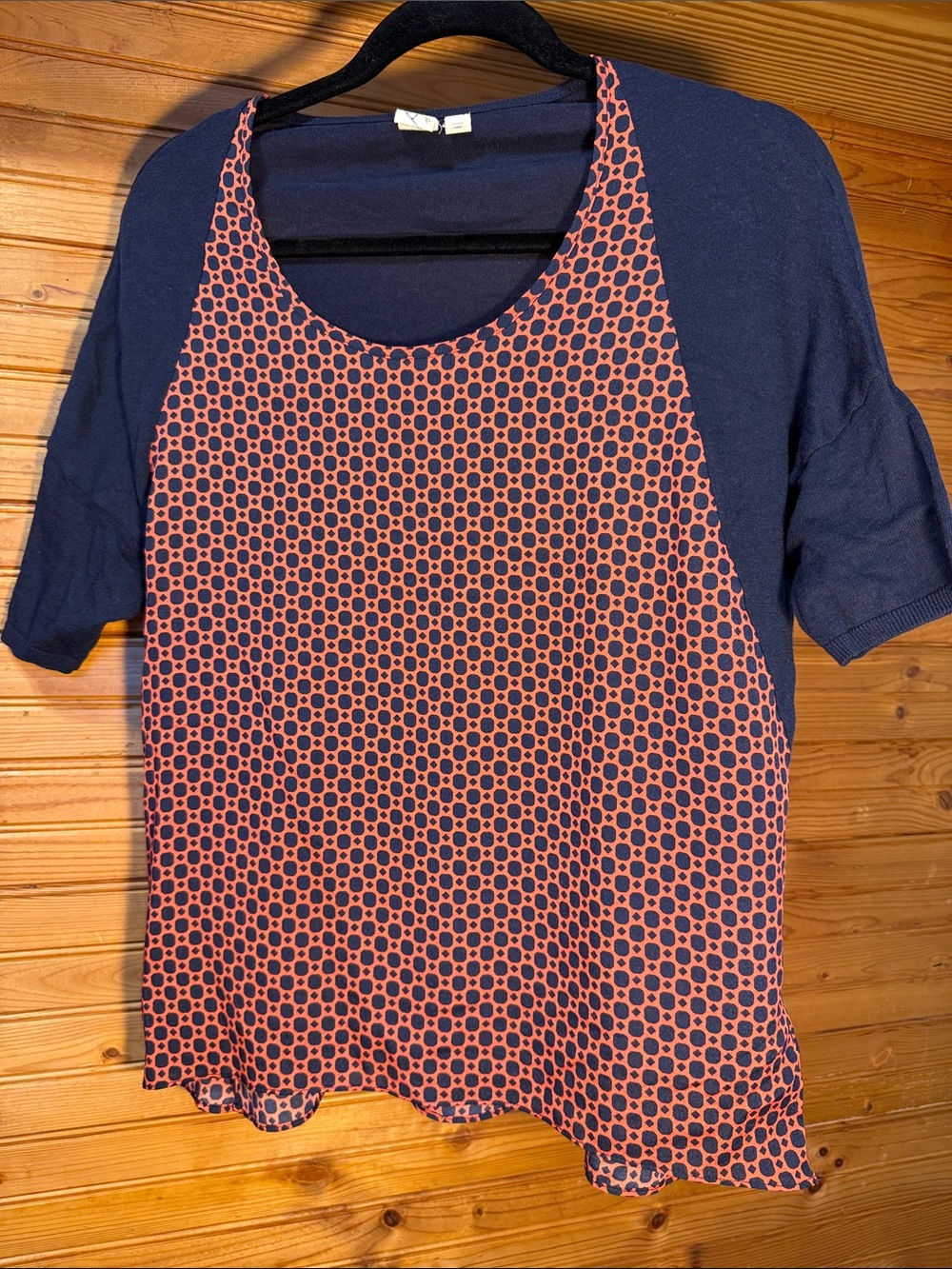 Anthro yellow bird Navy Short Sleeve Top with Coral Geometric Panel